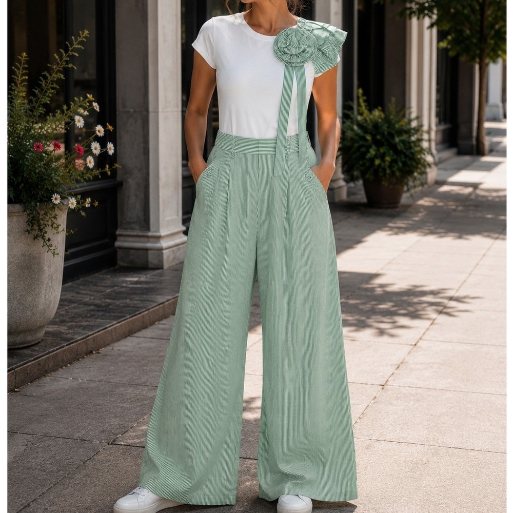2 Piece Striped Palazzo Pants Set Rosette Top Wide Leg Green White Womens L NIP